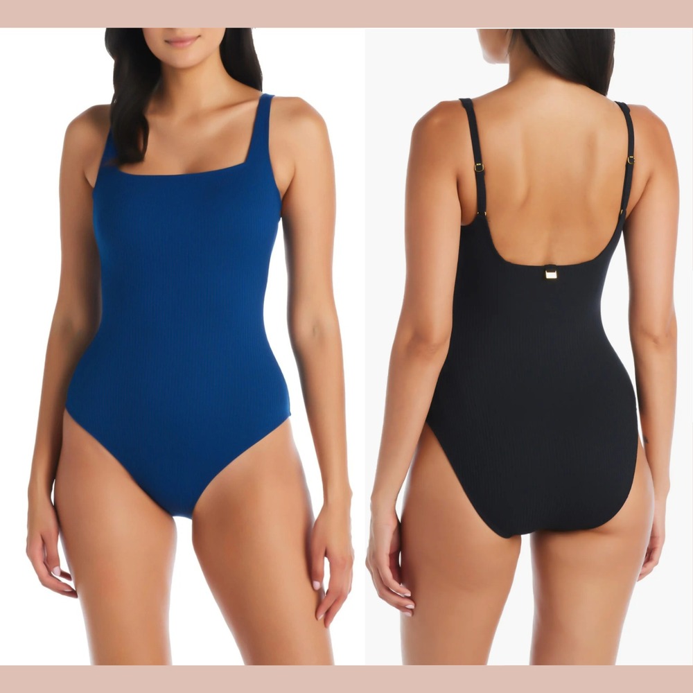 NWT$139 Rod Beattie [ 4 ] Walk the Line Square Neck One-Piece Swimsuit Navy 6932